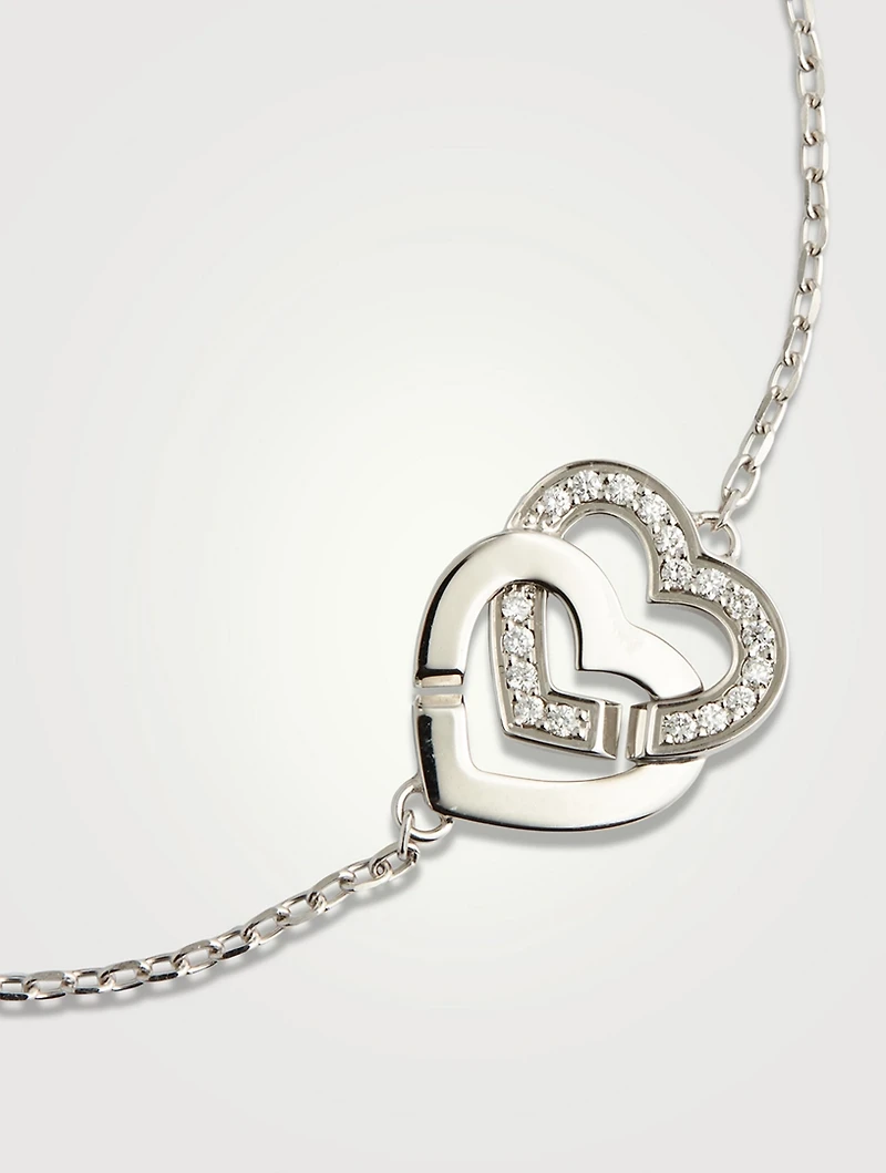 Double Cœurs R10 18K White Gold Chain Bracelet With Half Pavé Diamonds