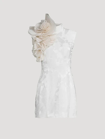 Dob Jacquard Satin Mini Dress With Fan Detail
