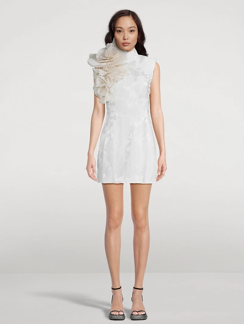 Dob Jacquard Satin Mini Dress With Fan Detail