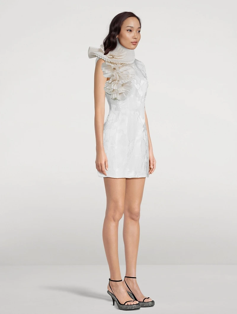 Dob Jacquard Satin Mini Dress With Fan Detail
