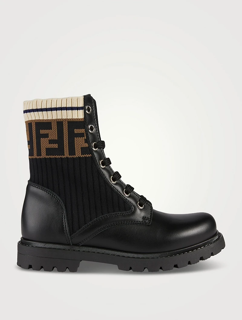 Kids Leather And Fabric Biker Boots