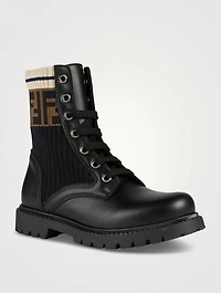 Kids Leather And Fabric Biker Boots