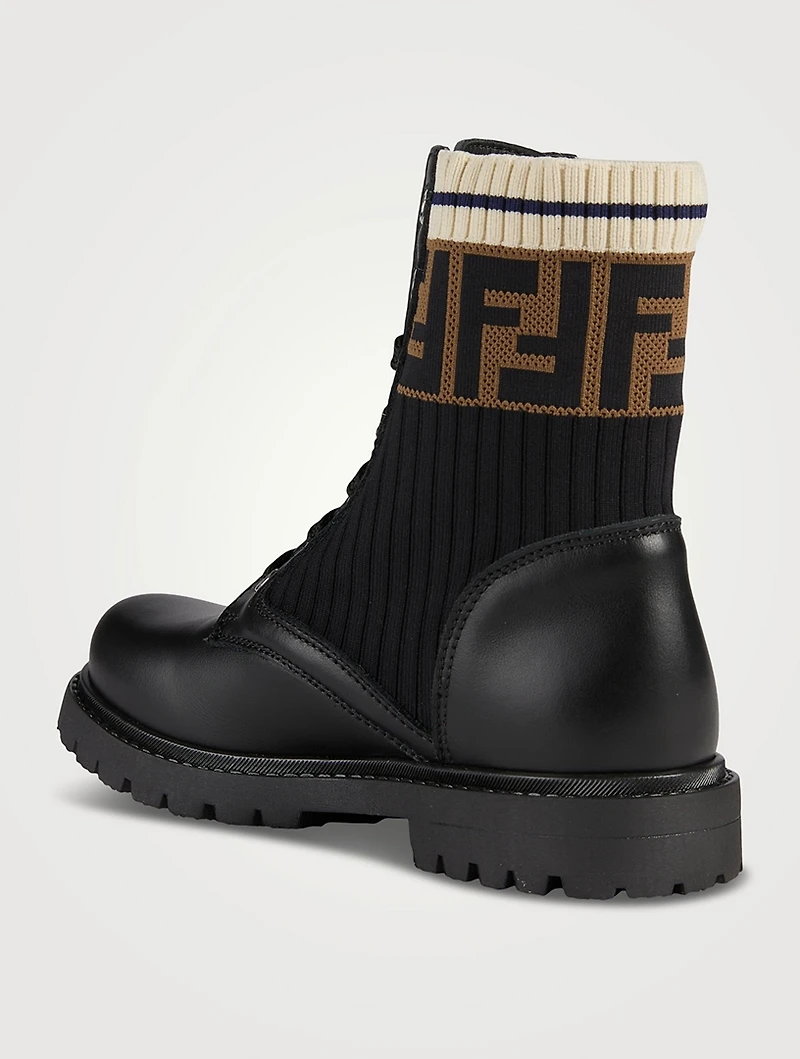 Kids Leather And Fabric Biker Boots