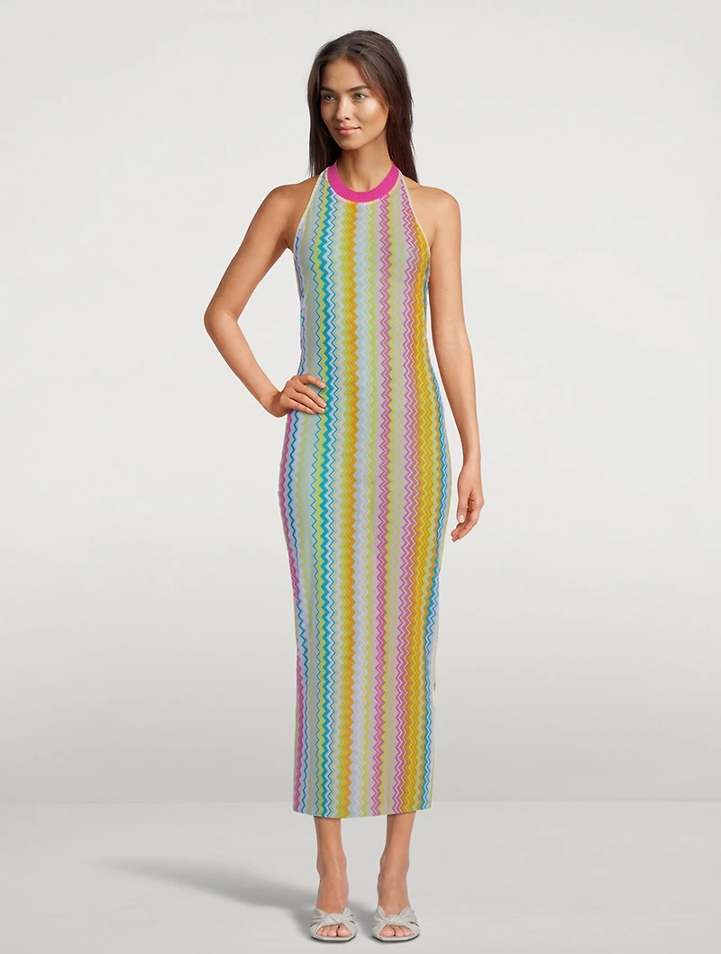 Halter Mesh Midi Dress Zig-Zag Print