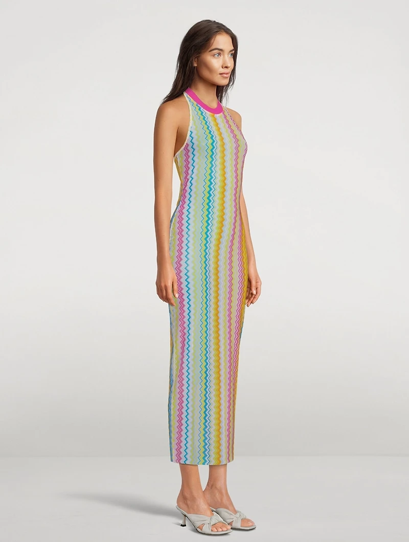 Halter Mesh Midi Dress Zig-Zag Print
