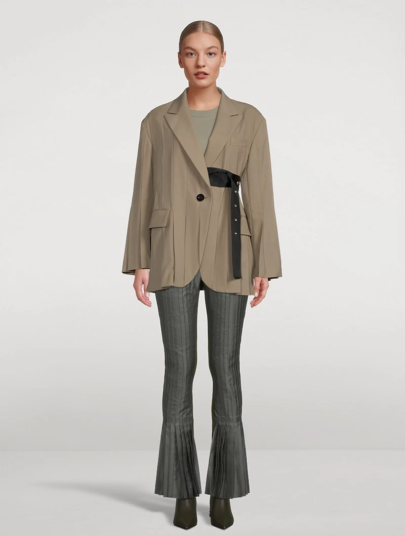 Nylon Twill Pleated Flare Trousers