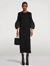 Bell-Sleeve Nylon Twill Mix Dress