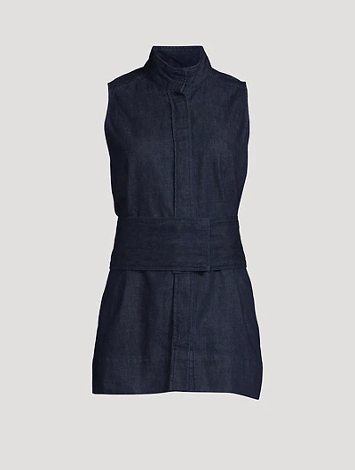 Vintage Chambray Sleeveless Belted Shirt