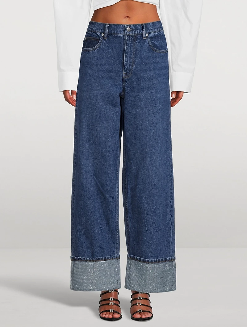 Crystal-Cuff Wide-Leg Jeans