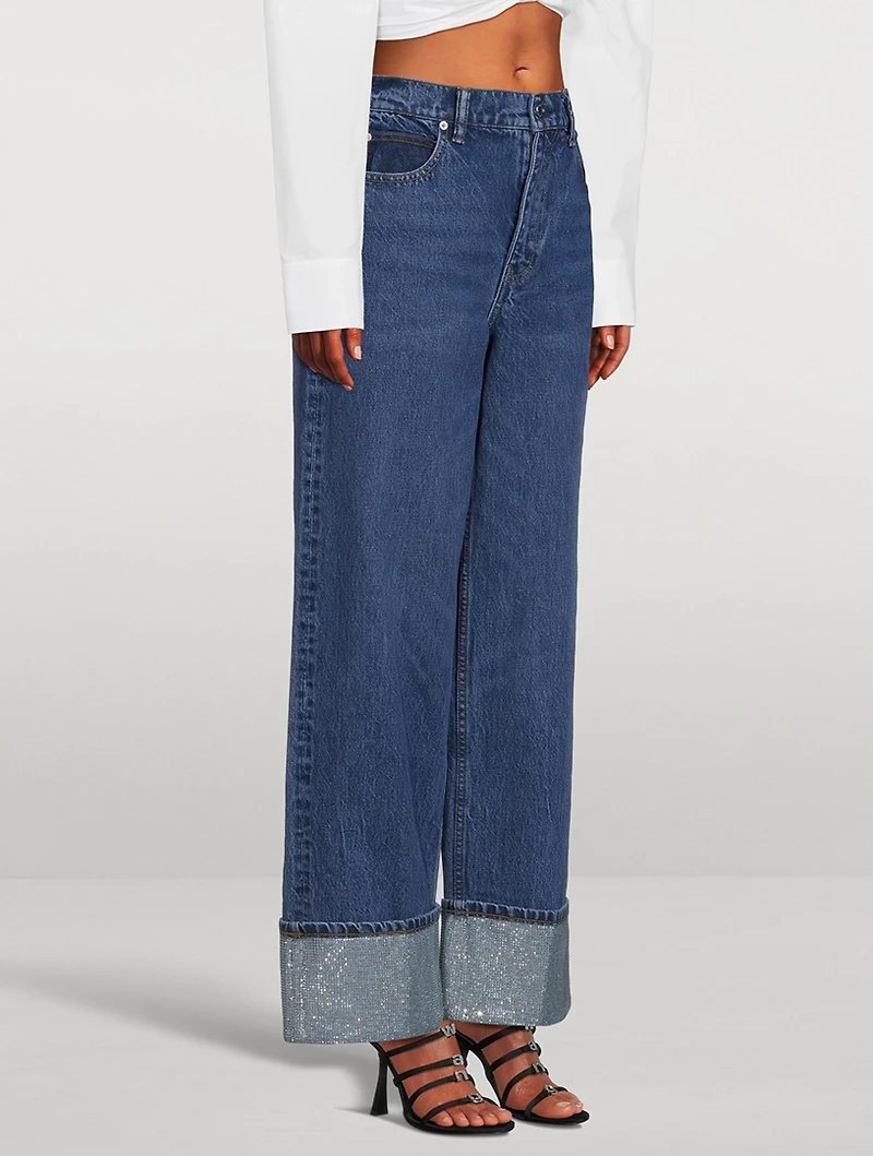 Crystal-Cuff Wide-Leg Jeans