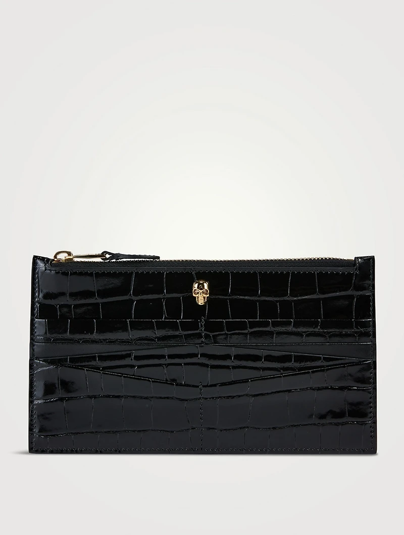 Skull Croc-Embossed Leather Zip Card Holder