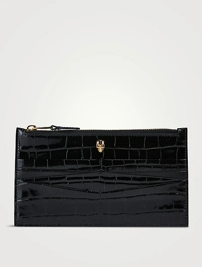 Skull Croc-Embossed Leather Zip Card Holder