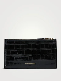 Skull Croc-Embossed Leather Zip Card Holder