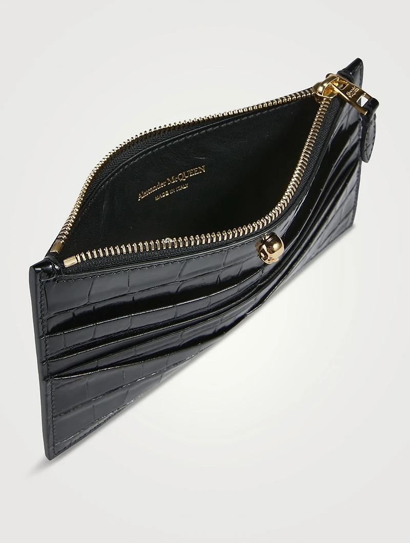 Skull Croc-Embossed Leather Zip Card Holder