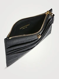 Skull Croc-Embossed Leather Zip Card Holder
