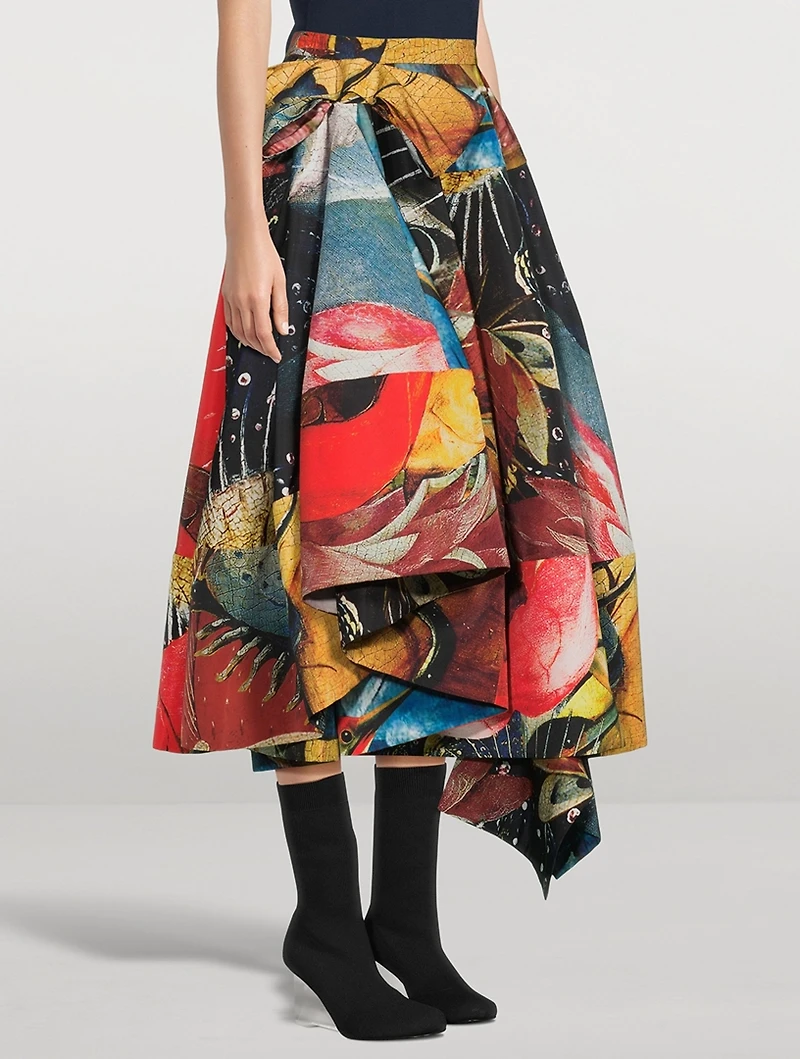 Slashed Polyfaille Midi Skirt Hieronymus Bosch Print