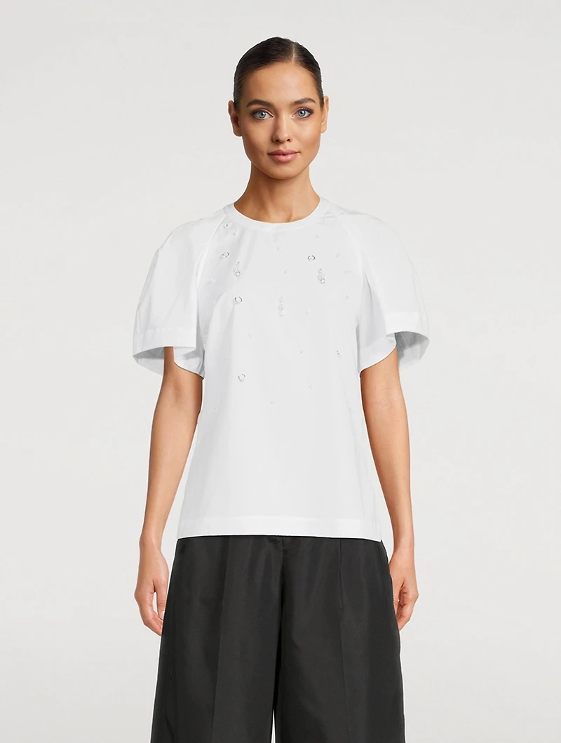 Embellished Poplin Puff-Sleeve Top