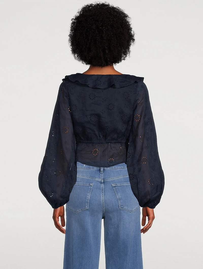 Ruffle Front Eyelet Long Sleeve Top