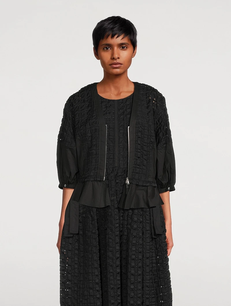 Taffeta Check Puff-Sleeve Top