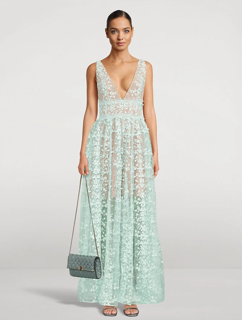 Megan Floral Appliqué Tulle Gown
