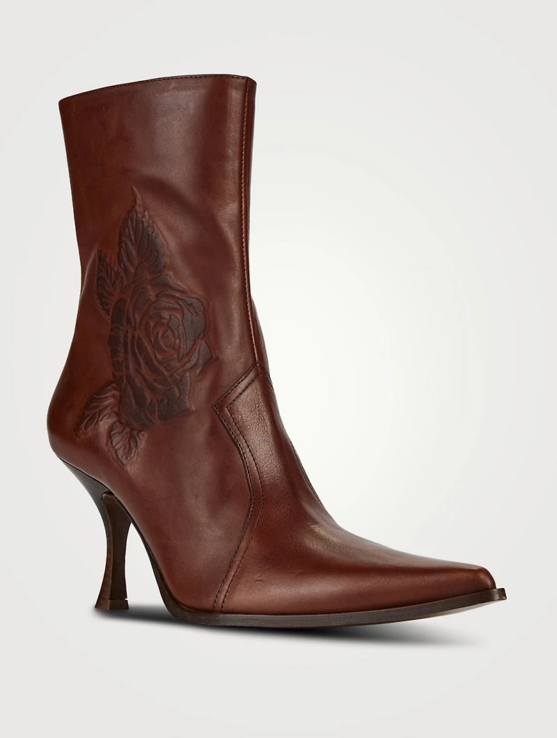 Rose-Embossed Leather Ankle Boots