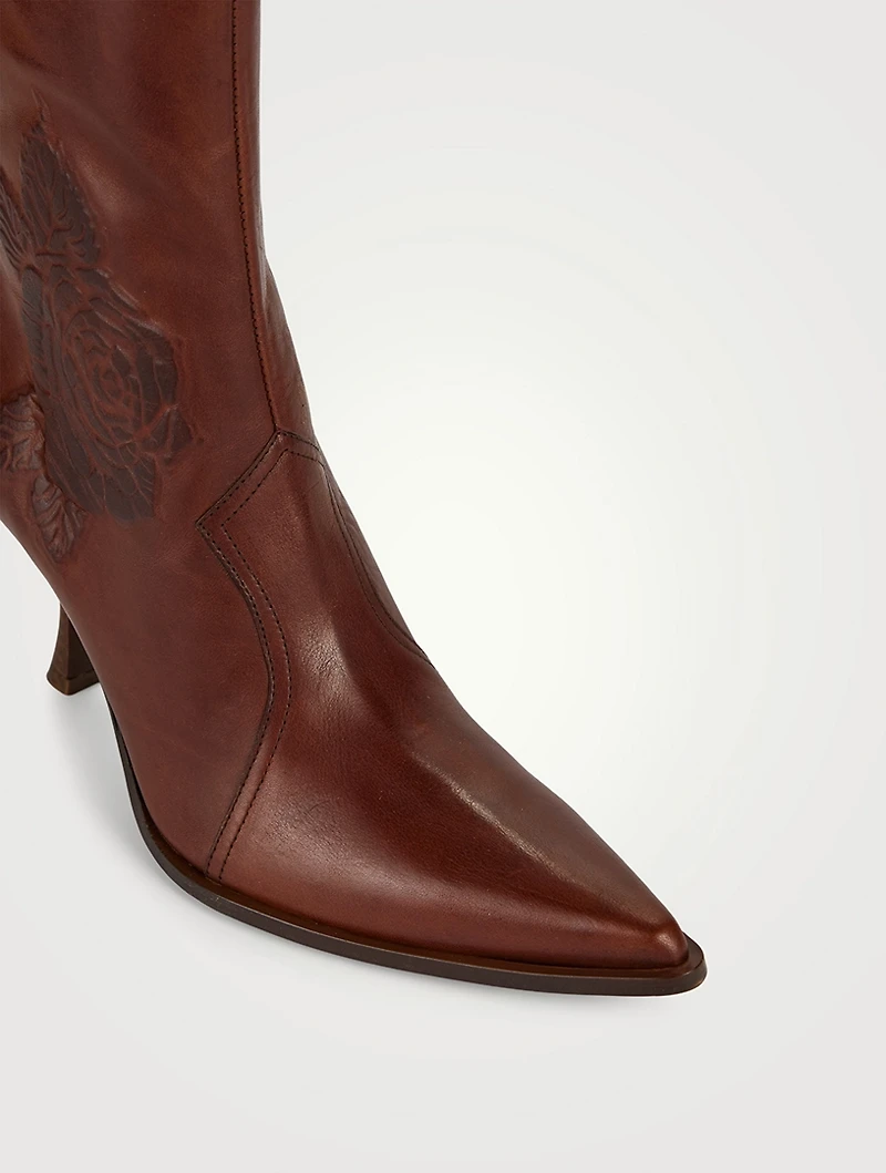 Rose-Embossed Leather Ankle Boots