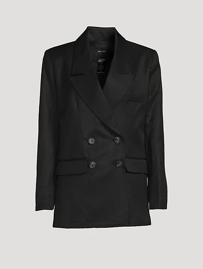 Linen-Blend Double-Breasted Oversized Blazer