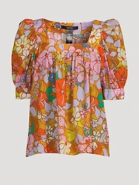 Puff-Sleeve Peasant Blouse Floral Print