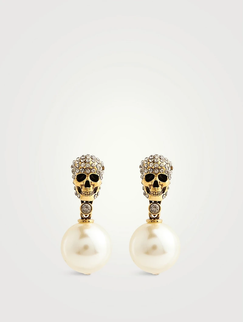 Crystal Skull Earrings With Faux Pearls