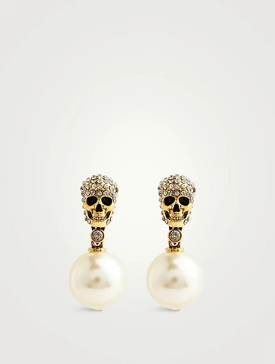 Crystal Skull Earrings With Faux Pearls