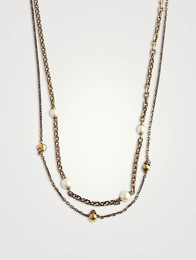 Layered Skull And Faux Pearl Necklace