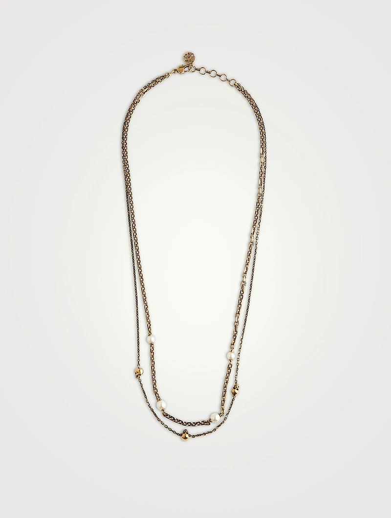 Layered Skull And Faux Pearl Necklace
