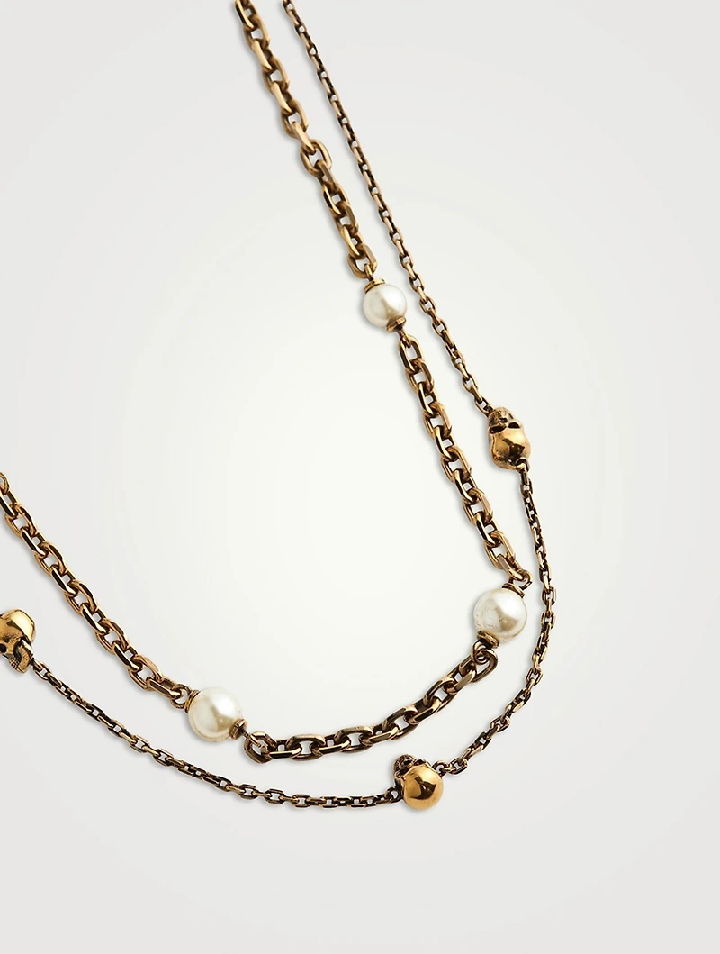 Layered Skull And Faux Pearl Necklace