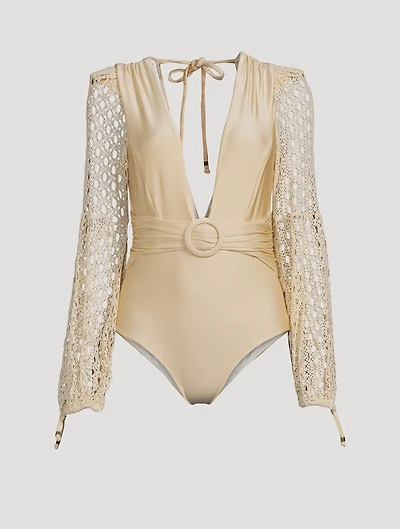Monstera Netted-Sleeve Bodysuit