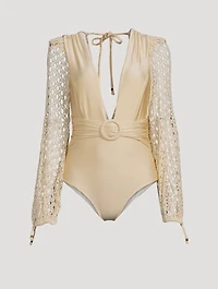 Monstera Netted-Sleeve Bodysuit