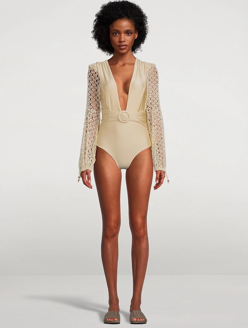Monstera Netted-Sleeve Bodysuit