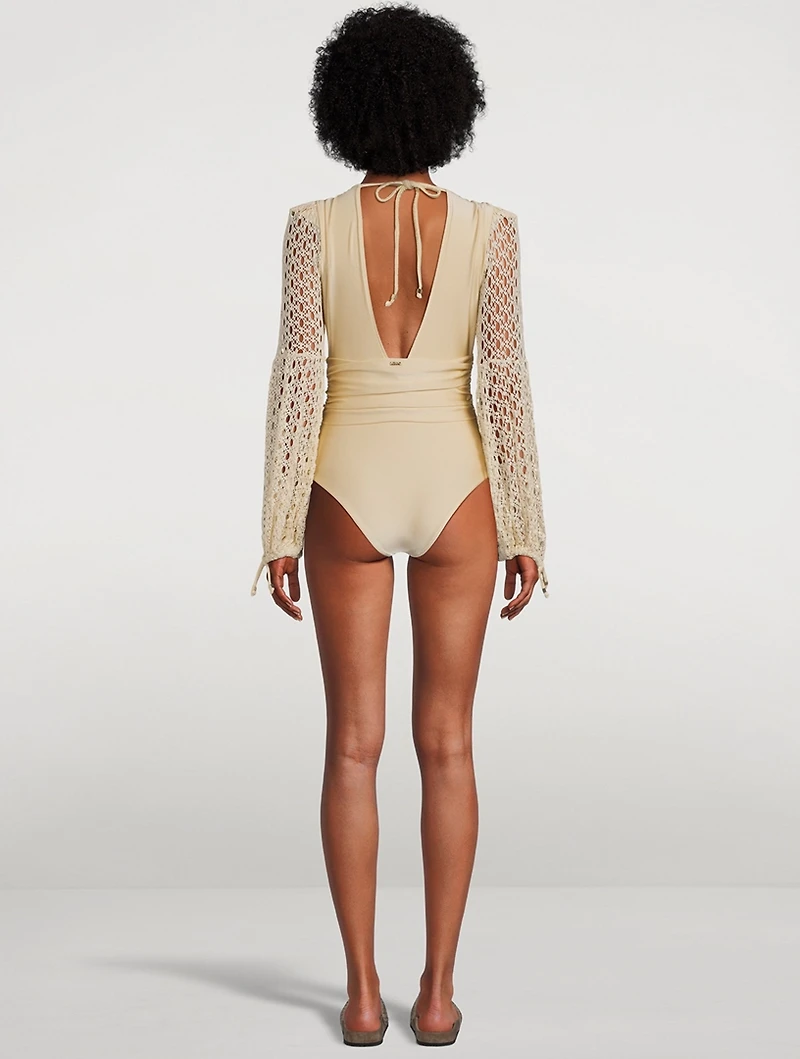 Monstera Netted-Sleeve Bodysuit