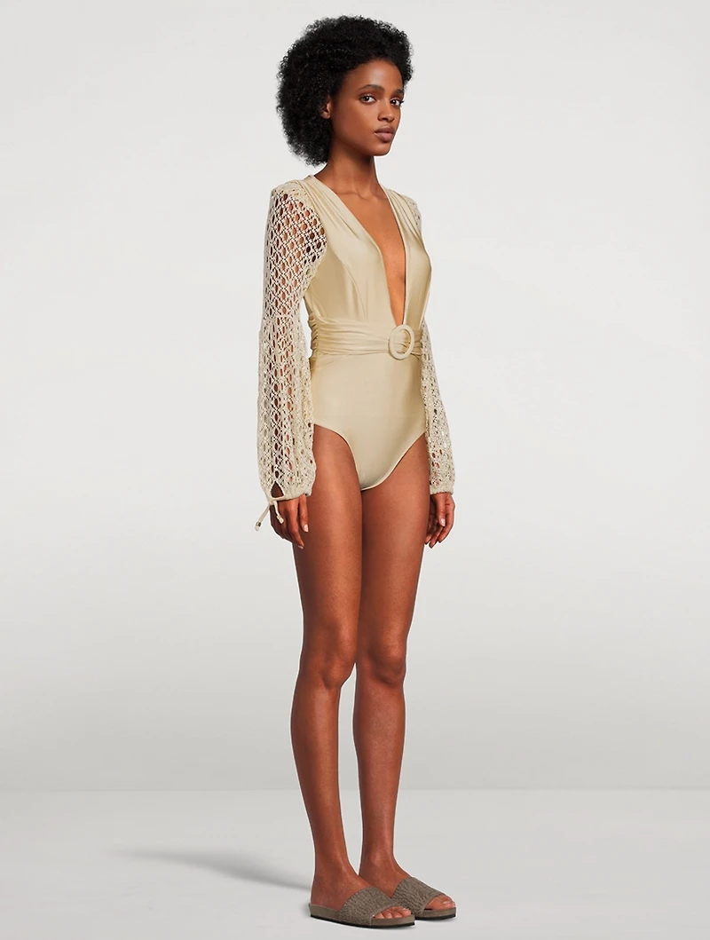 Monstera Netted-Sleeve Bodysuit