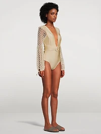 Monstera Netted-Sleeve Bodysuit