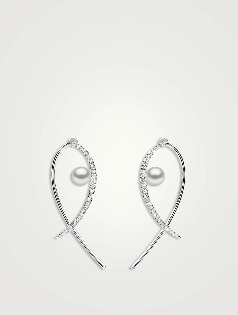 Sleek 18K White Gold Akoya Pearl And Diamond Earrings