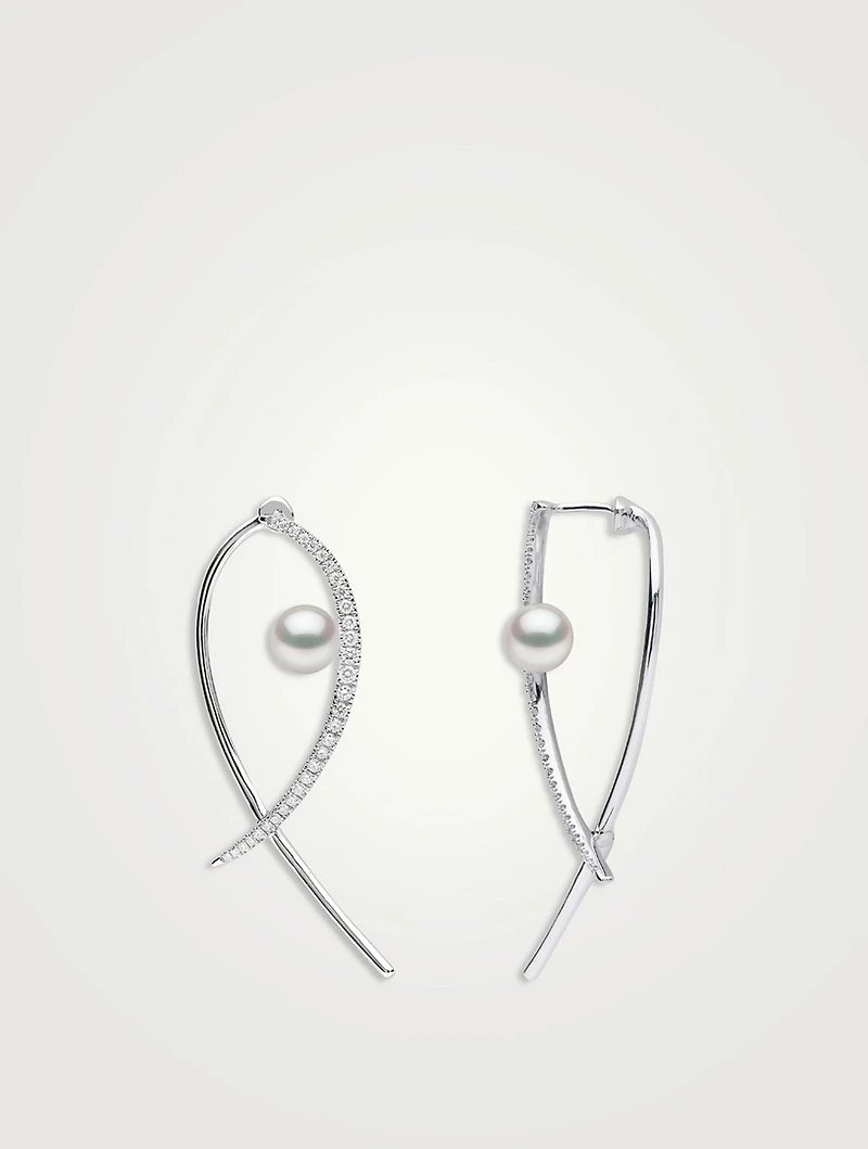 Sleek 18K White Gold Akoya Pearl And Diamond Earrings