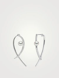 Sleek 18K White Gold Akoya Pearl And Diamond Earrings