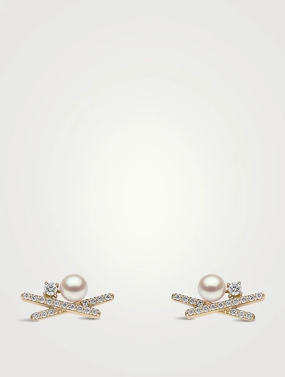Sleek 18K Gold Akoya Pearl And Diamond Stud Earrings