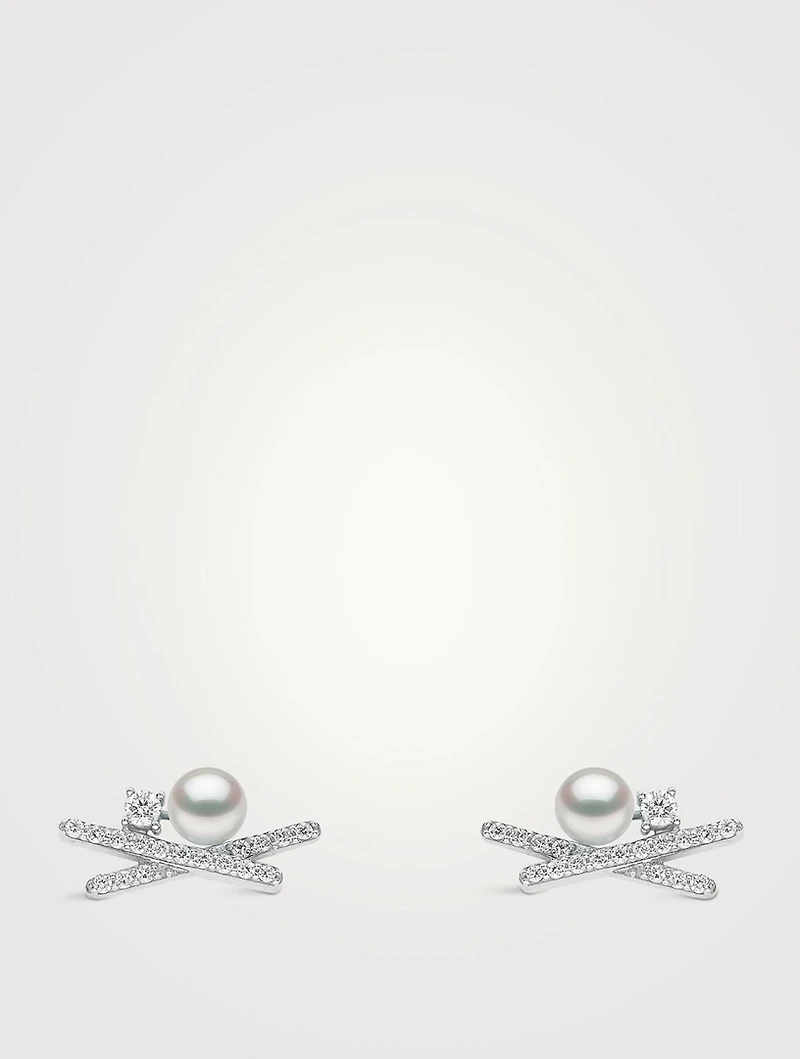 Sleek 18K Gold Akoya Pearl And Diamond Stud Earrings