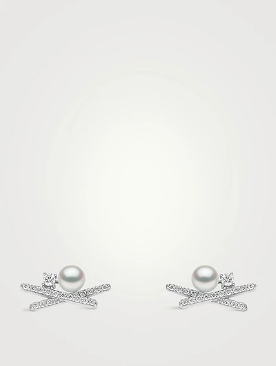 Sleek 18K Gold Akoya Pearl And Diamond Stud Earrings