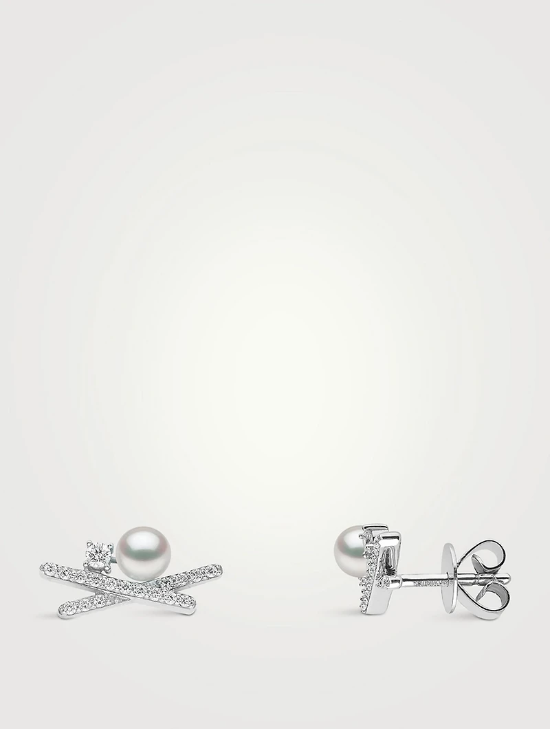 Sleek 18K Gold Akoya Pearl And Diamond Stud Earrings