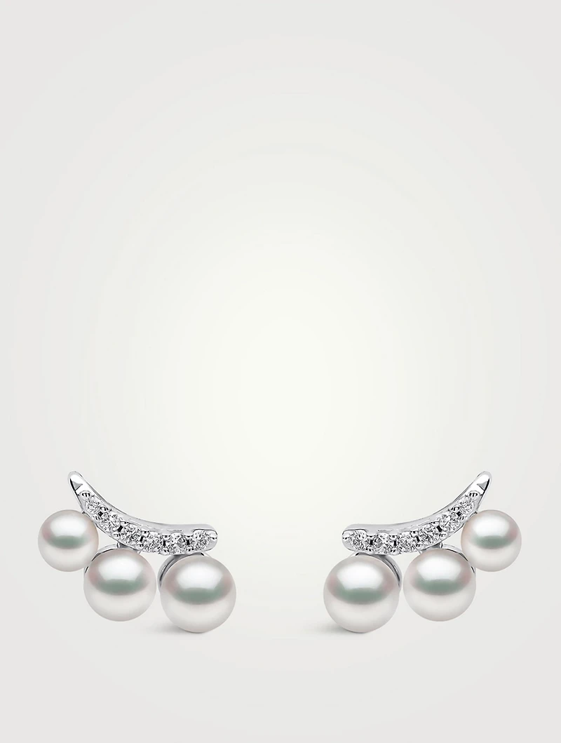 Sleek 18K Gold Akoya Pearl And Diamond Stud Earrings