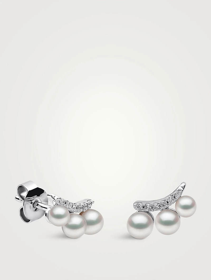 Sleek 18K Gold Akoya Pearl And Diamond Stud Earrings