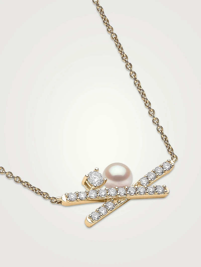 Sleek 18K Gold Akoya Pearl And Diamond Necklace