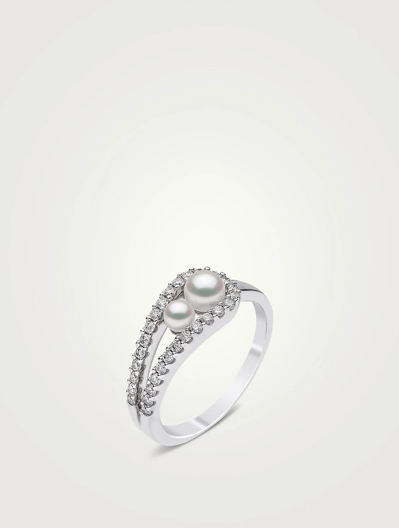 Sleek 18K White Gold Akoya Pearl And Diamond Ring